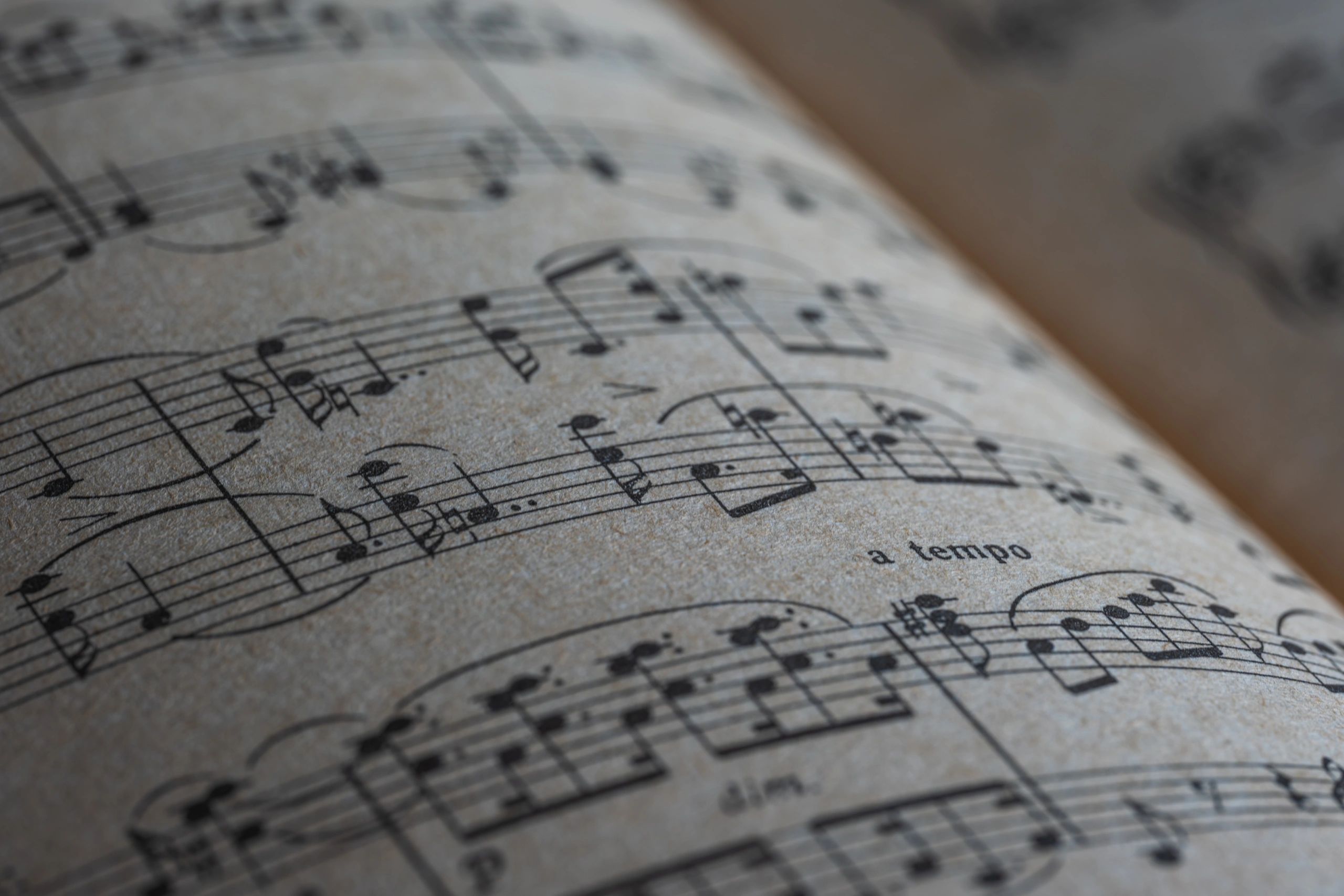 Close-up of printed sheet music on textured paper